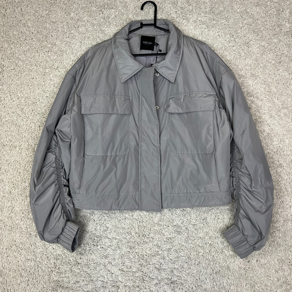 Nasty Gal Puffer Jacket Womens 10 Gray Ruched Sleeve Pockets Short Casual